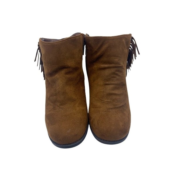 Tahari Milla Slope Chestnut Brown Size 5 Ankle Zip Up Fringed Booties EUC - Picture 3 of 10